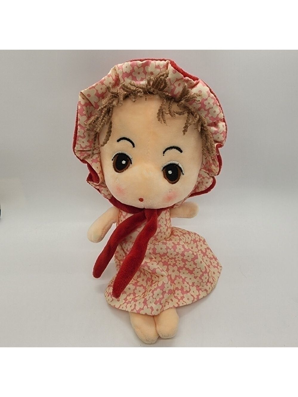 12" soft Plush Doll floral dress & Bonnet embroidered eyes Anime style face